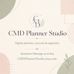 May include: A logo for CMD Planner Studio featuring the text CMD Planner Studio, Digital planners, journals & organizers, and CMDPlannerStudio.etsy.com. The design includes a circular emblem with the letters CMD, a small heart, and leaf motifs.
