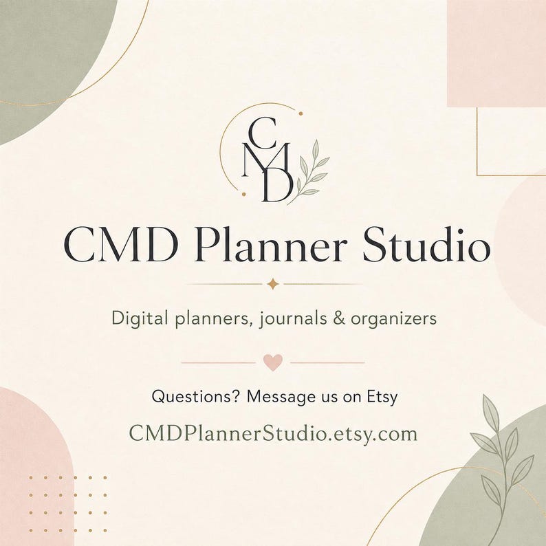 May include: A logo for CMD Planner Studio featuring the text CMD Planner Studio, Digital planners, journals & organizers, and CMDPlannerStudio.etsy.com. The design includes a circular emblem with the letters CMD, a small heart, and leaf motifs.