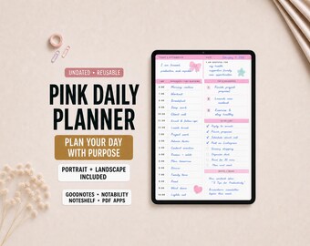 Pink Daily Schedule Planner Insert for Goodnotes | Hourly Time Block, To Do List and Gratitude Page | Portrait and Landscape PDF