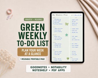 Green Weekly To Do List for Goodnotes | Digital Weekly Task Planner Insert, Undated Printable Checklist Page for iPad Notes