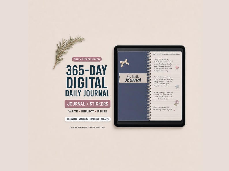 May include: A digital tablet displaying a 365-day daily journal with a dark blue cover and a lined page featuring handwritten text and small stickers. The text on the screen reads My Daily Journal, and the surrounding text includes 365-DAY DIGITAL DAILY JOURNAL, FULLY HYPERLINKED, JOURNAL + STICKERS, WRITE REFLECT REUSE, and GOODNOTES NOTABILITY NOTESHELF PDF APPS.