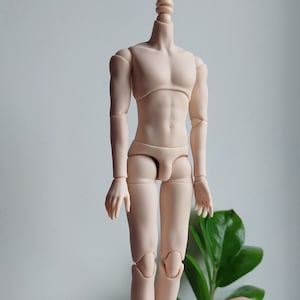 May include: A nude-colored articulated doll body with a jointed neck, arms, legs, and feet. The doll is standing on a black circular base.