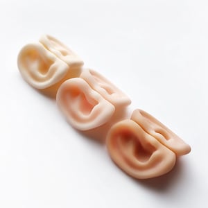 Può includere: Quattro orecchie protesiche in varie tonalità di pelle sono disposte diagonalmente su uno sfondo bianco. Le orecchie sono dettagliate con caratteristiche realistiche, che mostrano le intricate pieghe e curve dell'orecchio umano.