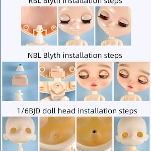 May include: A set of three images showing the installation steps for a doll head. The first image shows the doll head with the eyes closed. The second image shows the doll head with the eyes open. The third image shows the doll head with the eyes closed and the eyelashes applied.