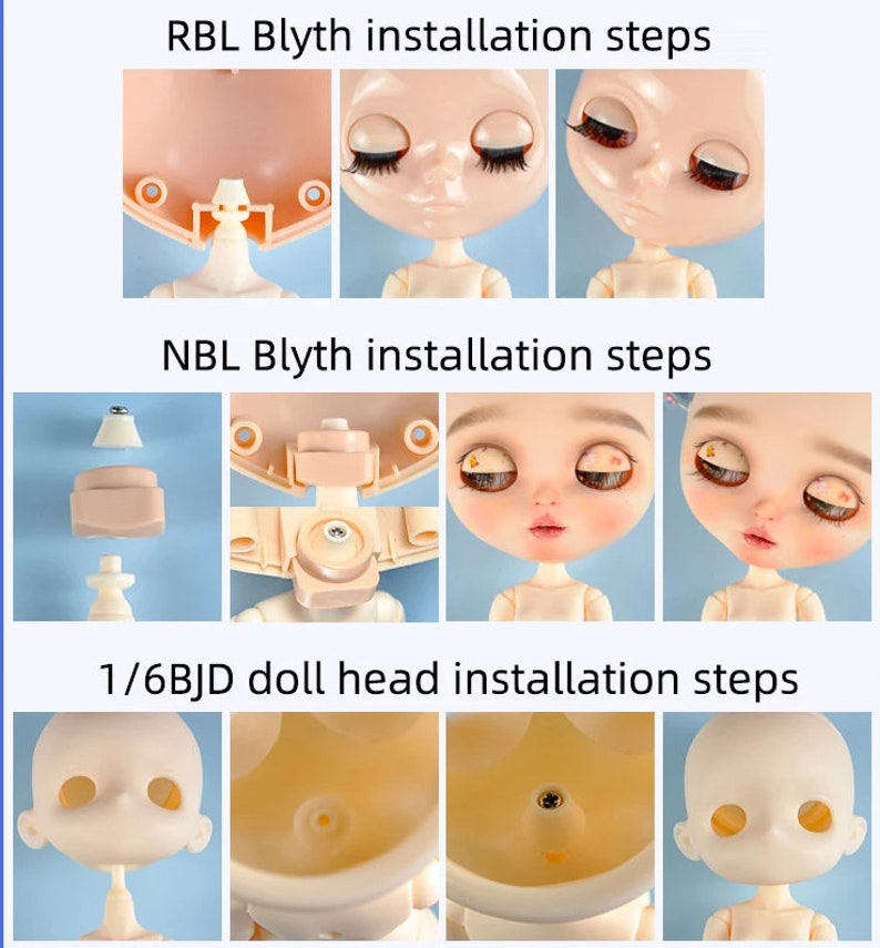 May include: A set of three images showing the installation steps for a doll head. The first image shows the doll head with the eyes closed. The second image shows the doll head with the eyes open. The third image shows the doll head with the eyes closed and the eyelashes applied.