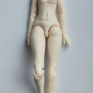 May include: A white plastic doll body with articulated joints. The doll is missing its head and has a simple white underwear piece.