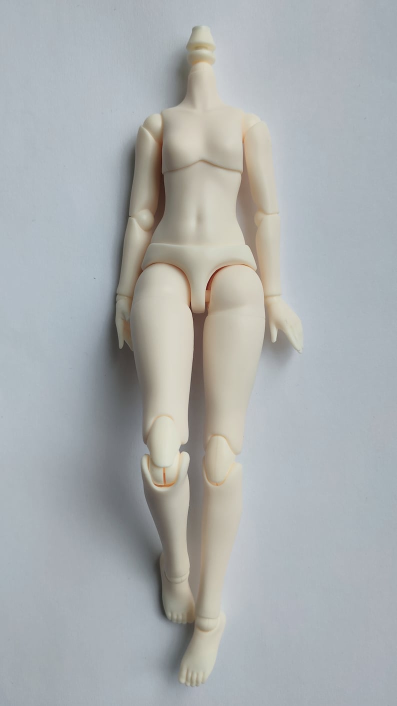 May include: A white plastic doll body with articulated joints. The doll is missing its head and has a simple white underwear piece.