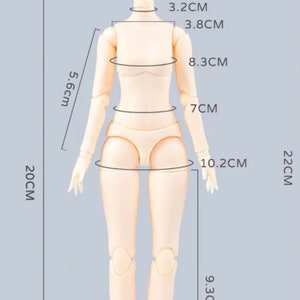 May include: A nude-colored articulated doll body with measurements marked in centimeters. The doll is 20 cm tall and has a 7 cm waist.