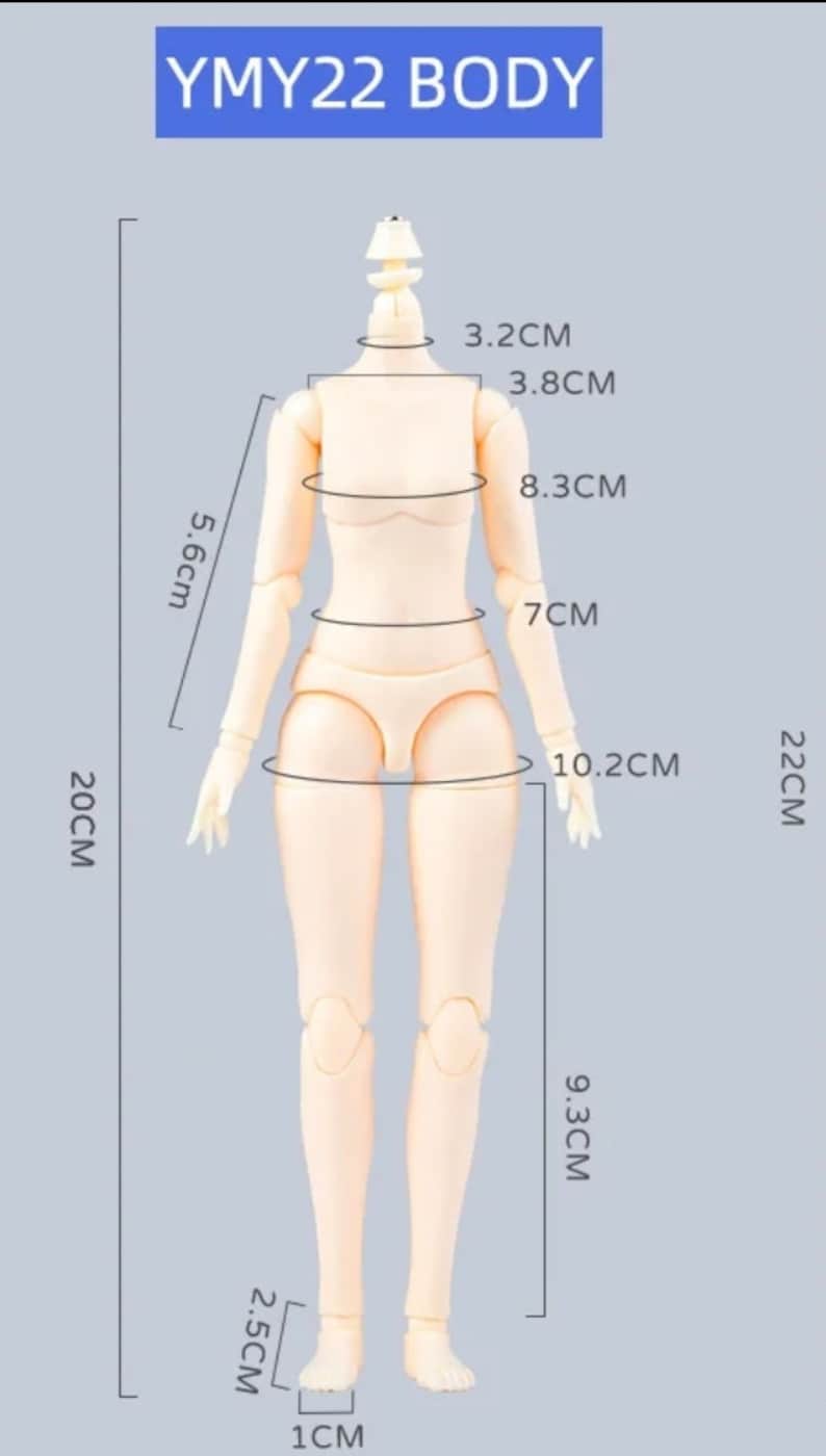 May include: A nude-colored articulated doll body with measurements marked in centimeters. The doll is 20 cm tall and has a 7 cm waist.
