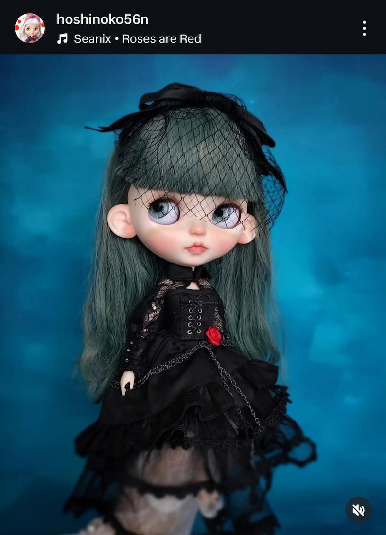 May include: A doll with long, muted green hair and a black veil headpiece. The doll wears a black dress featuring lace sleeves, a corset-style bodice, a small red rose accent at the waist, and a layered skirt with a delicate black chain detail.