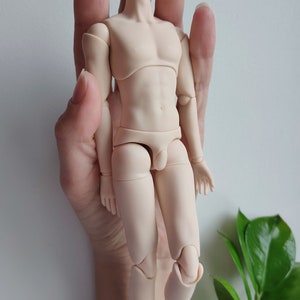 May include: A nude-colored articulated doll body with jointed arms and legs. The doll is held in a hand with a green plant in the background.