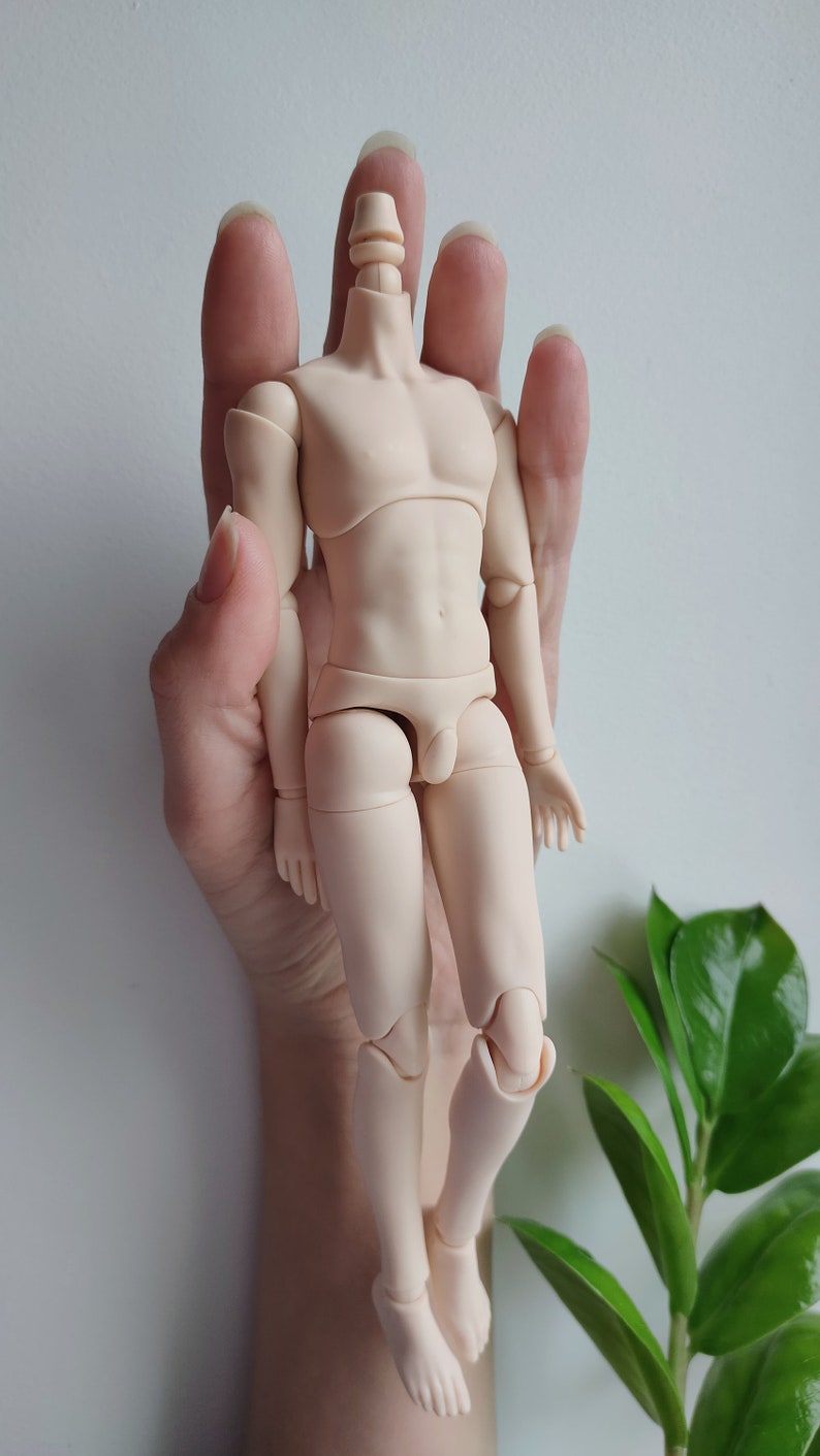 May include: A nude-colored articulated doll body with jointed arms and legs. The doll is held in a hand with a green plant in the background.