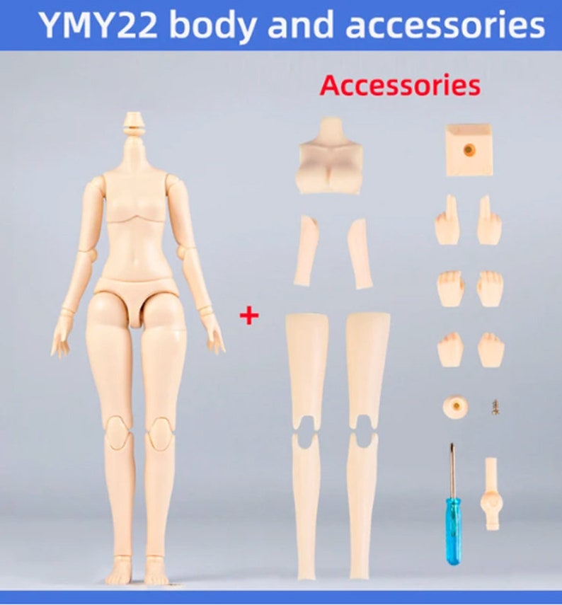 May include: A nude-colored plastic doll body with articulated joints and a set of accessories, including arms, legs, hands, a chest piece, and a head. The accessories are also nude-colored plastic. The text "Accessories" is written in red at the top of the image.