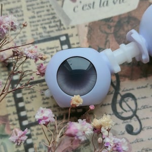 Op de afbeelding: Een lichtblauw poppen oog met een grijze iris, een witte steel en een bloemvormige bevestiging. Het oog is geplaatst tegen een achtergrond van vintage papier, droogbloemen en de zin "c'est la vie".