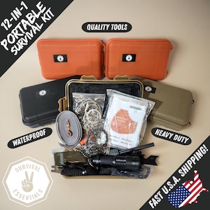 Survival Essentials - 12 Pc. Portable Survival Kit Gear Tactical Emergency Tools - Accessories Include Light, Fire Starter, Paracord, + More