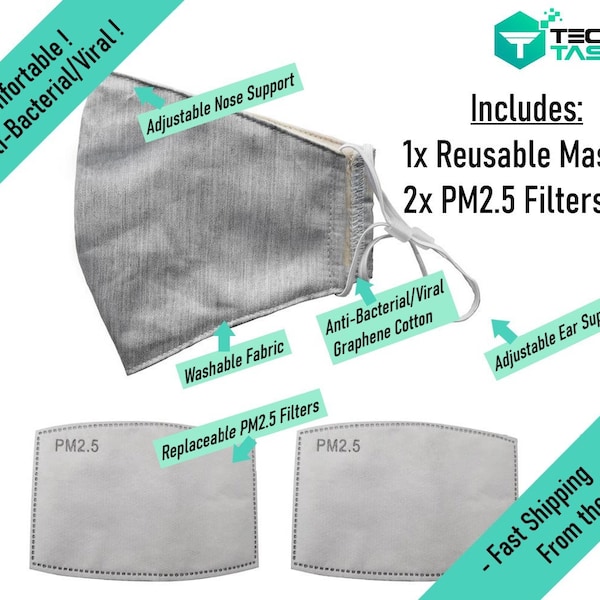 NanoTech Reusable Unisex Face Mask - Adjustable Fit - Antibacterial Graphene | Includes: 1x Face Mask + 2x PM-2.5 Activated Carbon Filters