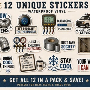 HVAC Technician Stickers | 12 Funny HVAC Stickers for Techs & Contractors | Waterproof Vinyl Decals | 12 Piece Pack