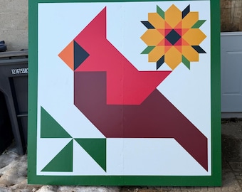 Handmade Cardinal and Flower Barn Quilt: Customizable Exterior Sign