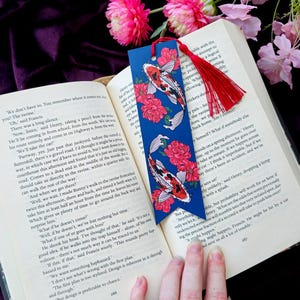 Koi Fish & Peonies Bookmark - bookmark with tassel, booklover gift, art bookmark
