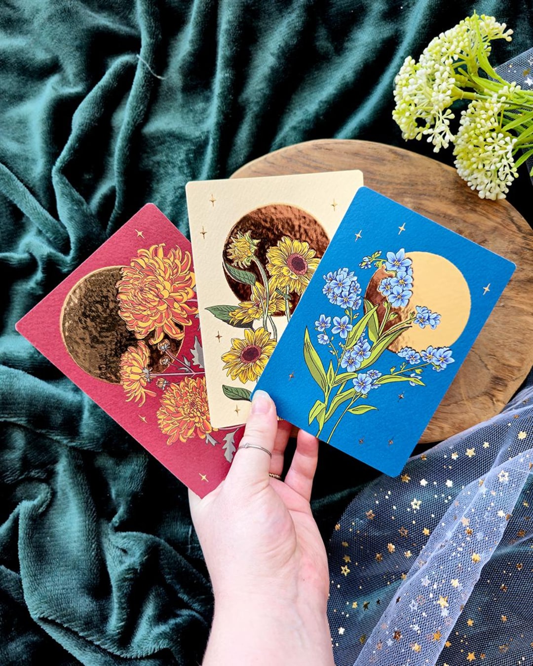 Flowers Gold Foil Postcards - Set of 3 Cards, Gift, Art Print, Greeting ...
