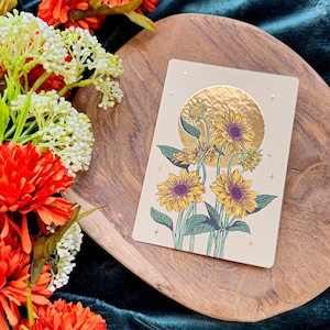 Postal con girasoles en lámina dorada: tarjeta con lámina dorada, regalo, impresión artística, tarjeta de felicitación