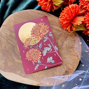 Carte postale en aluminium avec fleurs de chrysanthème - carte avec feuille d'or, cadeau, impression d'art, carte de voeux