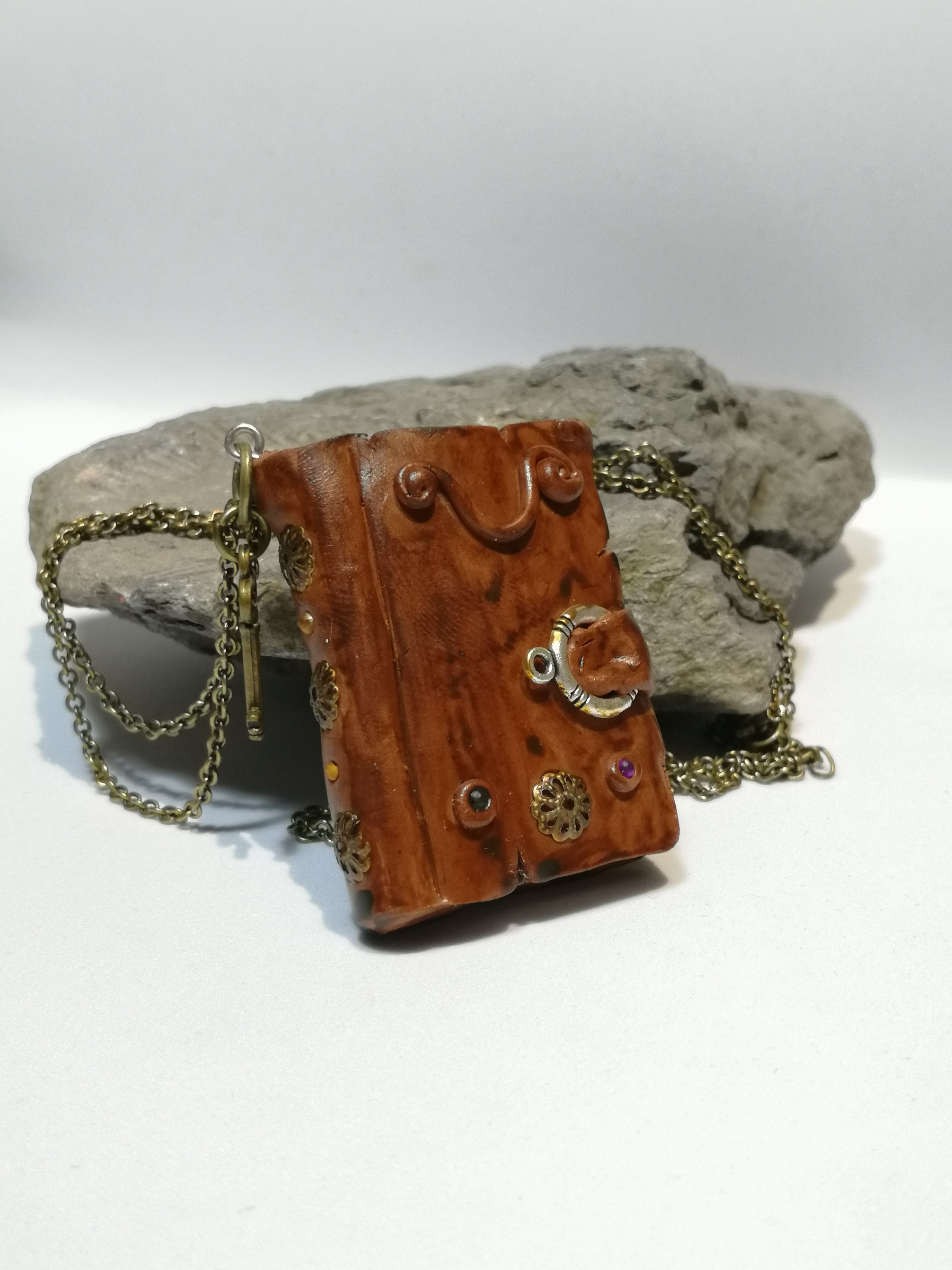 Polymer clay book necklace with charm Etsy