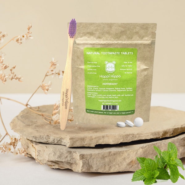 Zero Waste Mint-tandpastatabletten, plasticvrije tandpasta, kauwtabletten (60+ tabletten)