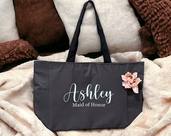 Personalized Bridal Party Tote Bag with Zipper | Custom Bridesmaid Wedding Tote Bags | Maid of Honor Totes | Personalized Pocket Gift Bag