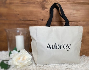 Personalized Tote Bag with Zipper | Custom Wedding Tote Bag | Bridesmaid Totes | Maid of Honor Canvas Tote | Bridal Party Tote Bags