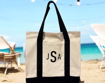 Personalized Monogrammed Tote Bag | Beach Bag with Pockets | Canvas Boat Tote Bag