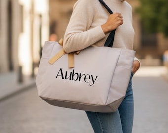 Personalized Zippered Tote Bag with Name | Custom Canvas Bags with Pockets | Everyday Tote Bag | Large Monogrammed Bag