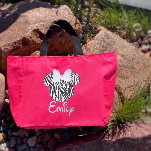 Personalized Zebra Minnie Tote Bag with Zipper | Minnie Mouse Zippered Tote Bags | Disney Animal Kingdom | Disney Fish Extender Gift