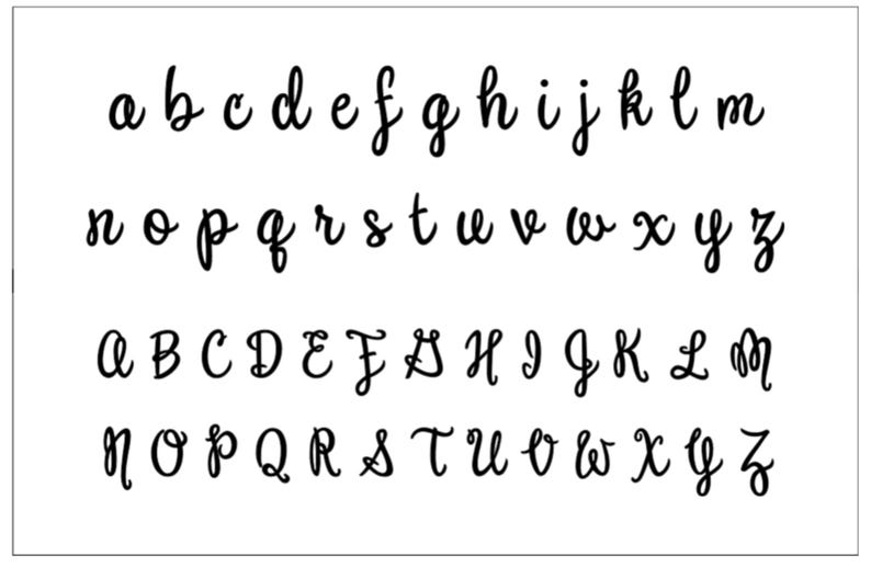 May include: A white background displays the alphabet in a black, cursive font. Both lowercase and uppercase letters are shown, arranged in rows. The letters are in a handwritten style, perfect for design projects.