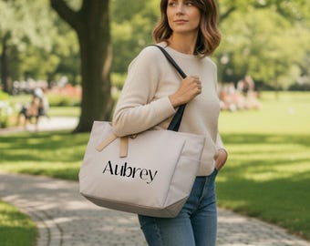 Personalized Zippered Tote Bag with Name | Custom Canvas Bags with Pockets | Everyday Tote Bag | Large Monogrammed Bag