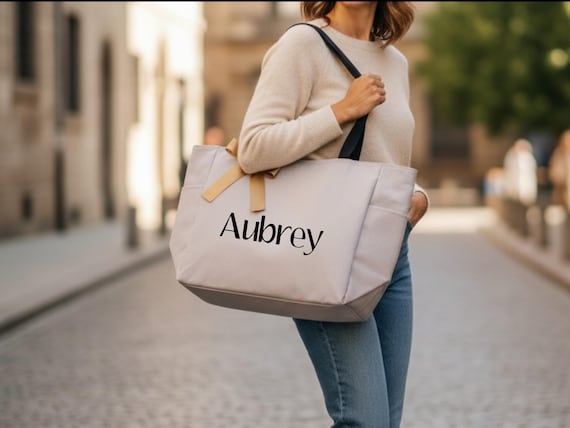 Personalized Zippered Tote Bag with Name | Custom Canvas Bags with Pockets | Everyday Tote Bag | Large Monogrammed Bag