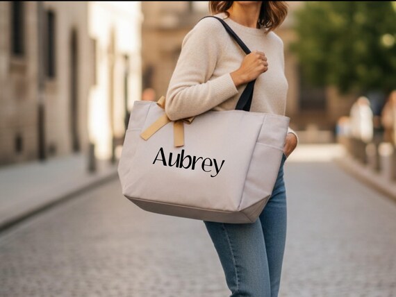 Personalized Zippered Tote Bag with Name | Custom Canvas Bags with Pockets | Everyday Tote Bag | Large Monogrammed Bag