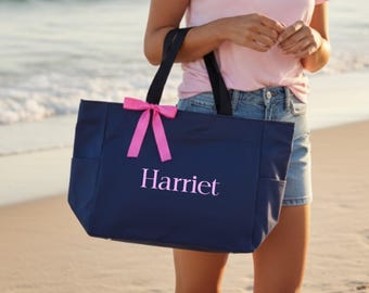 Personalized Zipper Tote Bag with Pockets | Monogram Tote Bags Gift for Friend | Bridesmaid Tote Bags | Custom Beach Bag