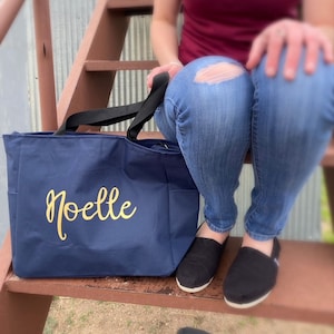 Personalized Zipper Tote Bag with Name | Canvas Tote Bag for Women | Travel | Vacation | Monogram Tote Bag Gift