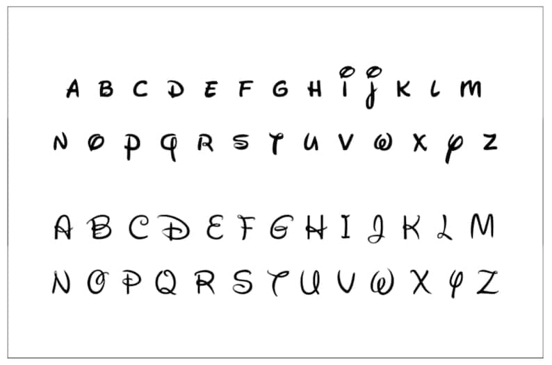 Puede incluir: Alfabeto negro estilizado en may&uacute;sculas y min&uacute;sculas, dispuesto en filas sobre fondo blanco. La fuente es cursiva y recuerda al logotipo de una popular pel&iacute;cula de animaci&oacute;n. Las letras son claramente visibles.