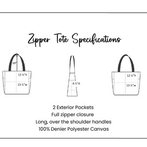 Op de afbeelding: Lijntekening van een tote bag met specificaties. De tas is 25.4 cm hoog met handvatten, 32.1 cm hoog, 34 cm breed en 16.5 cm diep. Kenmerken zijn 2 buitenvakken, een volledige ritssluiting en lange schouderbanden. Gemaakt van 100% Denier Polyester Canvas.