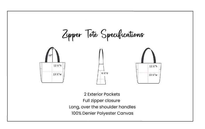 Op de afbeelding: Lijntekening van een tote bag met specificaties. De tas is 25.4 cm hoog met handvatten, 32.1 cm hoog, 34 cm breed en 16.5 cm diep. Kenmerken zijn 2 buitenvakken, een volledige ritssluiting en lange schouderbanden. Gemaakt van 100% Denier Polyester Canvas.