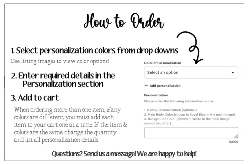 Puede incluir: Gr&aacute;fico blanco con instrucciones sobre c&oacute;mo pedir un art&iacute;culo personalizado. El texto incluye los pasos para seleccionar colores, ingresar detalles y agregar al carrito. Se ve un men&uacute; desplegable y un cuadro de texto.