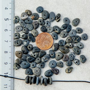 Drilled beach stone pebble beads 3-7mm, centered drilled, 1mm hole, black - dark grey. DIY crafts, summer jewelry, earrings, bracelets, boho