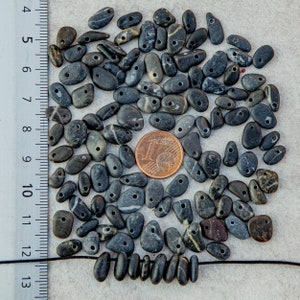 Drilled beach stone pebble beads 4-10mm, side drilled, 1mm hole, black - dark grey. DIY crafts, summer jewelry, earrings, bracelets, coastal