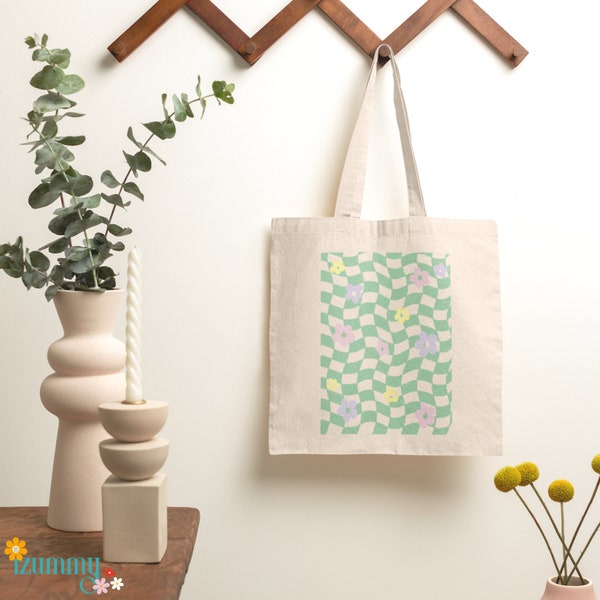 Green wavy checkered tote bag, Retro floral checkerboard tote, trendy aesthetic Korean style tote, Cotton canvas tote bag, 15"h x 16"w