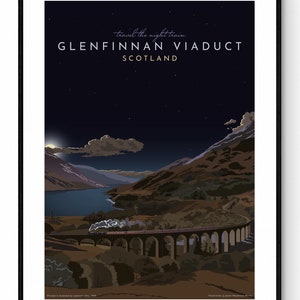 Glenfinnan Viaduct, Jacobite Night Train, Scotland. Vintage Travel Poster.