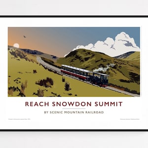 Ferrovia da montanha de Snowdon, Snowdon, País de Gales. Cartaz de viagens vintage.