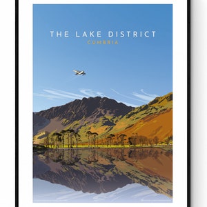 El Distrito de los Lagos, en el norte de Cumbria. Cartel de viaje antiguo.