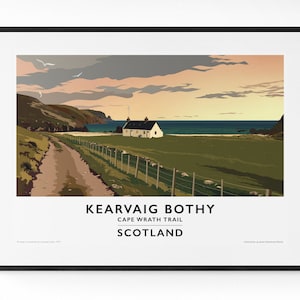 Kearvaig Bothy, Cape Wrath Trail, Tierras Altas de Escocia. Cartel de viaje antiguo.